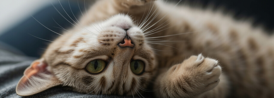 Кошка лежит на спинке и нежится на коленях хозяина